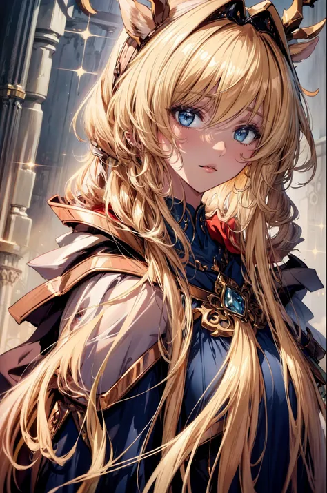 (Best quality at best, 4K, 8K, A high resolution, tmasterpiece:1.2), ultra - detailed, Noble maiden, exquisite facial features，Long blonde curly hair details expressed, beautiful postures, Fantastical Atmosphere, expressive brush strokes, mystical ambiance...