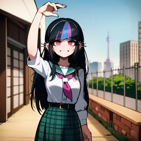 1girl, black hair, assymetric hair, symetric bangs,japanese student outfit, dark green plaid skirt, nose and ear piercings, purple highlights in hair, bulging eyes, happy expression, in one school, japanese school, 4k, masterpiece, Anime, HD,