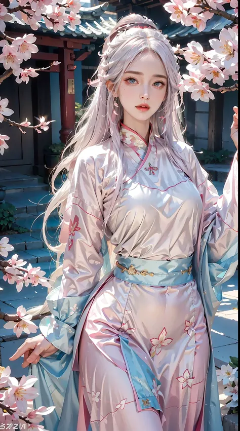 photorealistic, high resolution, 1women, shining skin, solo, jewelry, pink lips, long white hair, blue eyes, closed mouth, hips up, hanfu, cherry blossoms