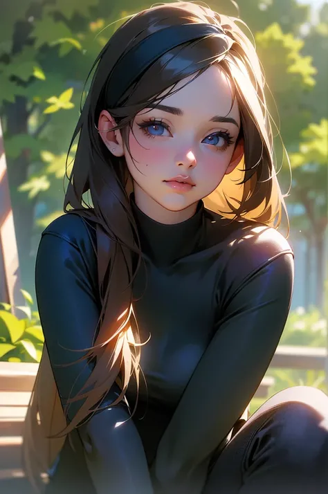 A young woman, 18 years old, sitting in a park, wearing a black turtleneck, blue jeans, and a headband in her hair. (best quality,4k,8k,highres,masterpiece:1.2),ultra-detailed,(realistic,photorealistic,photo-realistic:1.37), HDR, UHD, studio lighting, vivi...