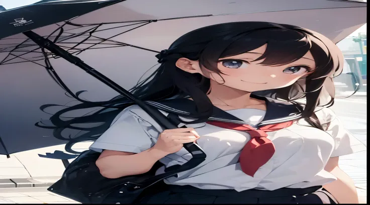 High School Girl、stand up and hand the umbrella to the other person、Very smiling、cloudy ash sky、Uniform is sailor suit、Plain but cute、Long Black Hair、The illustrations are in the style of romance manga or anime..。