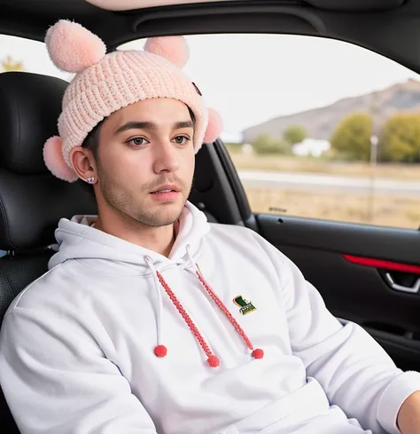 hyperrealistic, commercial photography, realism, detail facial, intricate, Sony Dslr Alpha A7, ISO 1000,octane,8k,Man wear peach bunny hat with long ears reach below and white pom-pom on the top,hat covers most of forehead ears, wear blue green design hood...