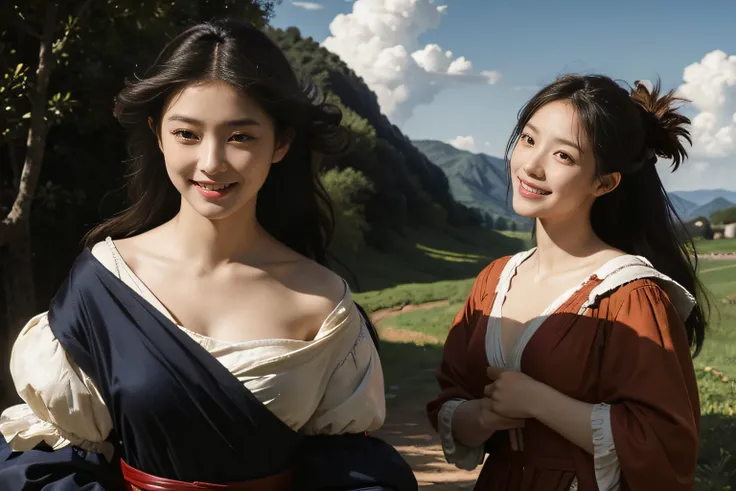 Poussin-style landscape,A smile,,Sweet and seductive appearance.、Caravaggios paintings、Chiaroscuro of Caravaggio、Hair disheveled in the wind,Two women frolicking,Cute smile, Expression of ecstasy