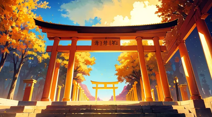 a golden torii, golden sky