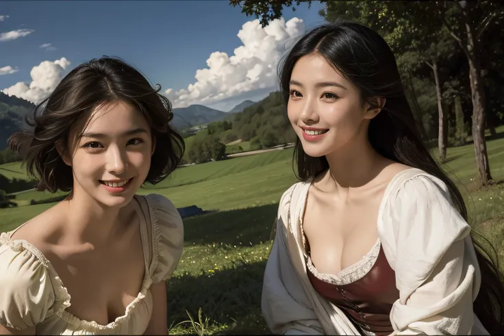 Poussin-style landscape,A smile,,Sweet and seductive appearance.、Caravaggios paintings、Chiaroscuro of Caravaggio、Hair disheveled in the wind,Two women frolicking,Cute smile, Expression of ecstasy