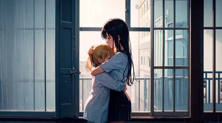 girl hugging another girl in front of a window, raining outside