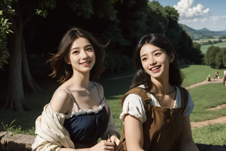 Poussin-style landscape,A smile,,Sweet and seductive appearance.、Caravaggios paintings、Chiaroscuro of Caravaggio、Hair disheveled in the wind,Two women frolicking,Cute smile, Expression of ecstasy