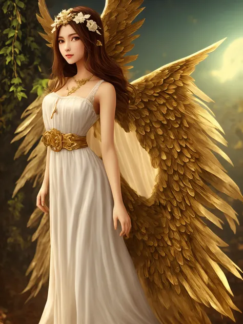 Style image of a woman in a white dress with gold accents, of an beautiful angel girl, full - body majestic angel, Beautiful Angel,  a beautiful female angel, Portrait of a beautiful angel, Angel, digital art on pixiv, angel knight girl, an angel of the da...