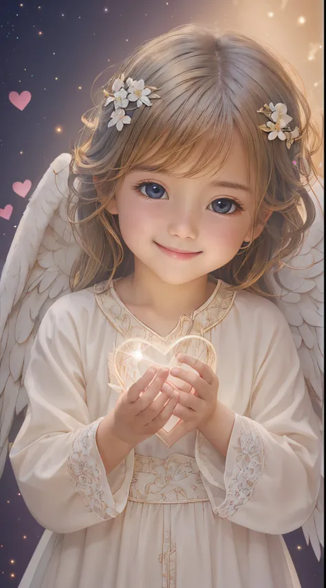 Blessings of Angels､Bright background、tenderness､A smile、Gentle､Baby Angel、facing front、Looking at the camera、holding a heart、glowing hearts、Best Quality