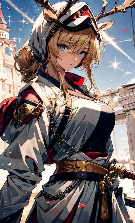 tmasterpiece, best quality at best, 1个giant breast girl, coiffed blonde hair, blue color eyes, walking swordswoman, holland angl...