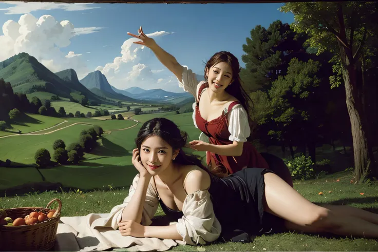 Poussin-style landscape,A smile,,Sweet and seductive appearance.、Caravaggios paintings、Chiaroscuro of Caravaggio、Hair disheveled in the wind,Two women frolicking,Cute smile, Expression of ecstasy