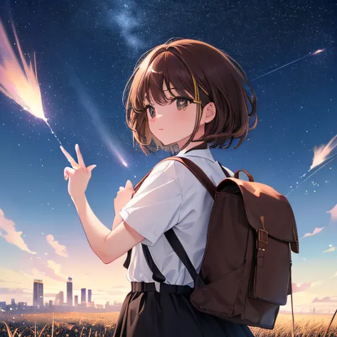 (beautiful and magnificent skyline, majestic sky), (extremely tense and dramatic pictures, moving visual effects), (high hanging Polaris, colorful natural light), (1magical girl), (carrying a brown backpack), (dynamic pose:1.3, black eyes, black short hair...