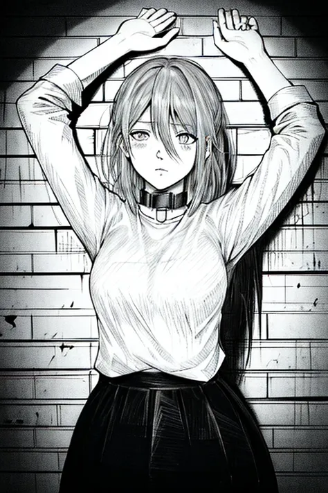 Best quality，Complicated details，line art，Mono Color，1个Giant Breast Girl，Long gray hair，black hair color hair，messy  hair，There is hair in one eye，sharp piercing eyes，Collar，The shirt，against a wall，brick walls，scribbles，dim dim lights，alley