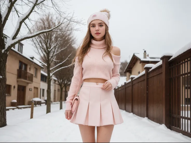 (masterpiece), (one girl 22 year old) (((Caucasian))) french girl with shoulder length messy hair, she is petite. in a white hat and pink skirt posing for a picture, woolen mini-skirt,in the snow, pastel colours, woolen polo neck, snowy outdoors, bobble ha...