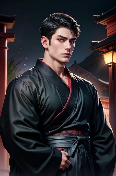 a Man standing with 45 years in black kimono, Japanese style men&#39;s kimono, mens KIMONO, haori、back shot, Asian, Black hair, short hair, Eyelight sharp, Red eyes, angular jawline, muscular man, tough guy, wild face, wild looks, In front of the shrine, R...