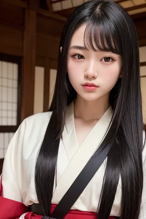 best quality,high quality,masterpiece,detailed,high resolution,realistic,1girl,16 years old,long black hair,looking at viewer,from below,full body, Japanese sword,samurai,kimono,hakama,