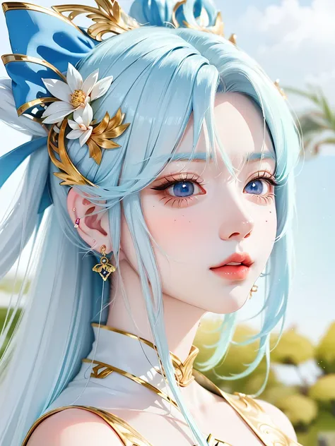 anime girl with blue hair and a blue bow, beautiful anime style, beautiful anime portrait, beautiful anime girl, perfect white haired girl, beautiful anime woman, portrait knights of zodiac girl, beautiful anime art style, pretty anime girl, stunning anime...