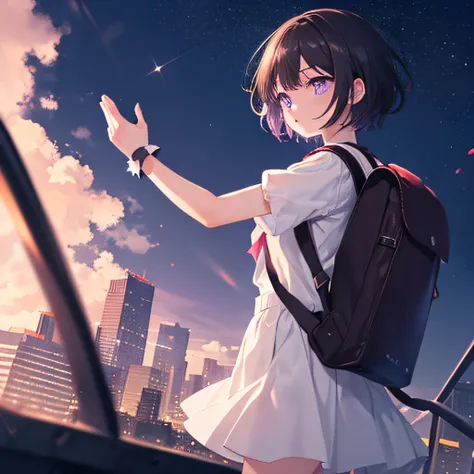 (beautiful and magnificent skyline, majestic sky), (extremely tense and dramatic pictures, moving visual effects), ( colorful natural light), (1magical girl), (carrying a brown backpack), (dynamic pose:1.3, beautiful purple eyes, black short hair, sparklin...