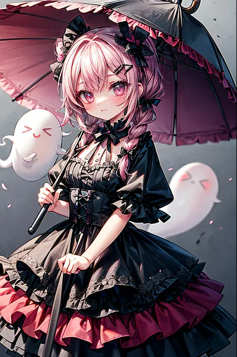 Masterpiece, best quality, high quality, ultra detailed, ghost princess, ghost and sakura aura, holding a cute umbrella, black pink gothic outfit, hair tied into two curly pigtails with black and white flower hairpins, perfect body shape, wearing black top...