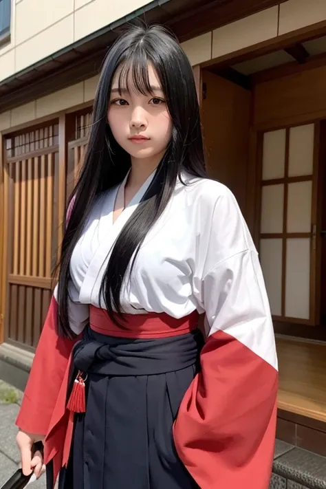 Wearing a kimono and hakama、A high school girl with long black hair and a sword attached to her waist.