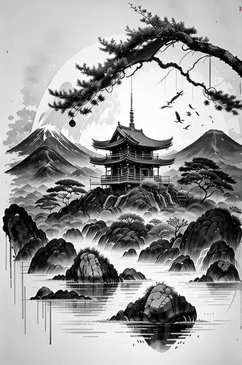 Japanese scenery lithograph, B&W, estilo rabiscado.