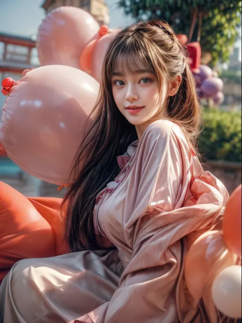 ​masterpiece、8K、32K、top-quality、(A detailed eye)、(A cute Japanese woman、bangss)、23years old、1 girl in、elegent、(Detailed background depiction、portlate:1.2)、a colorful、Blouse、(amazing view、Balloons:1.3)、cowboy  shot、huge smile、(frontal face:1.3)