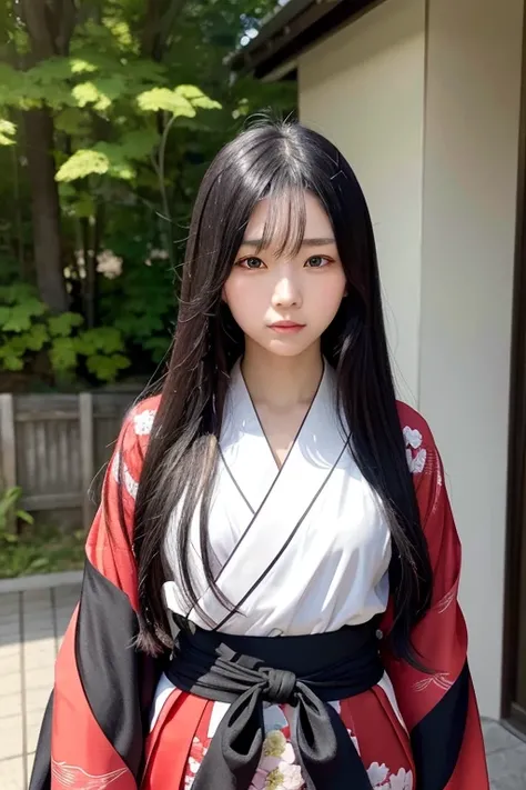 Wearing a kimono and hakama、A female high school swordsman with long black hair and a sword attached to her waist.