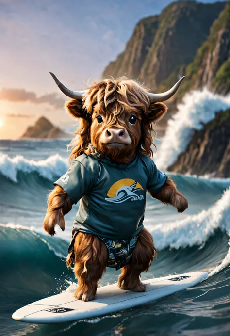 baby cute, Mini scottish highland cow, long hair, surfing, on a huge wave, with surf clothes on, island, sunset