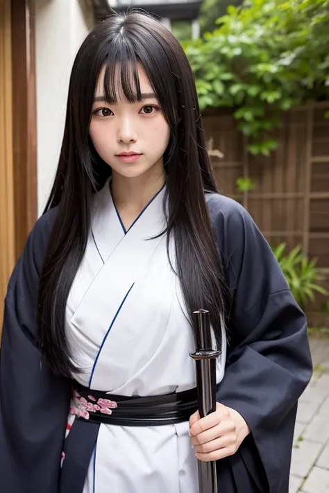 Wearing a kimono and hakama、A female high school swordsman with long black hair holding a sword