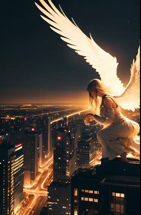 This image is、It depicts an angelic woman floating in the city at night. The city lights create a golden and dramatic atmosphere, Although its delicate presence and dark wings contrast with the urban environment. Women seem protective and cautious.