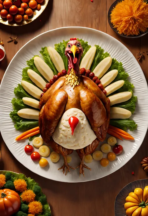 commerciaphotography, Splashes of cheese, Delicious Thanksgiving turkey，Tomates, lettuce, ketchup, cheese splattered in this image，We will present a creative and imaginative Thanksgiving turkey plate。This turkey platter is more than just a delicious di a w...