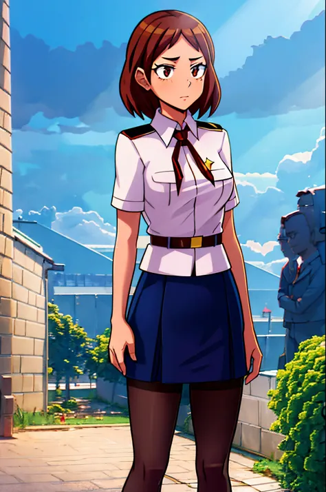 ochaco uraraka from my hero academia stands against the background of the moscow kremlin, short brown hair, bob hairstyle, brown...