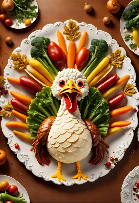 commerciaphotography, Splashes of cheese, Delicious Thanksgiving turkey，Tomates, lettuce, ketchup, cheese splattered in this image，We will present a creative and imaginative Thanksgiving turkey plate。This turkey platter is more than just a delicious di a w...