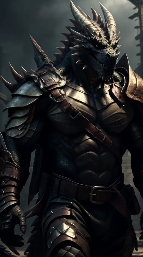 A dragon man, muscular, illustration, (best quality, 4k, highres, masterpiece:1.2), ultra-detailed, realistic, horror, sharp focus, vivid colors, abs, light armor, topless, black body with scales, black eyes, in motion, belts with pouches and bag