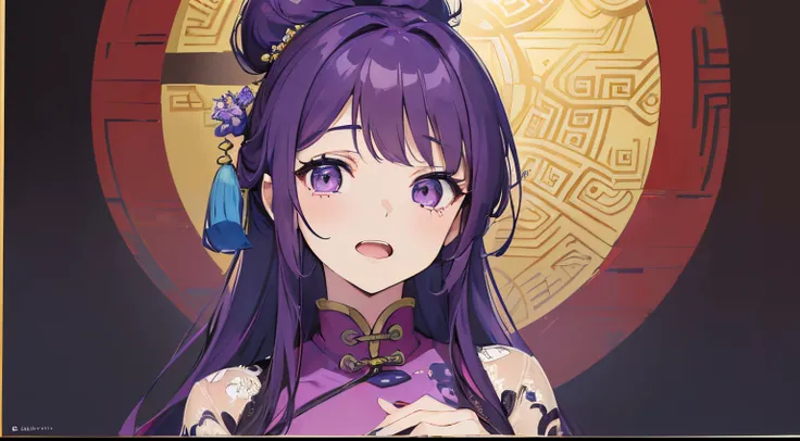 ((masuter piece,8k wallpaper,best qualtiy,girl with１a person)),Brilliant,(Best Quality), (Open your mouth and laugh:1.2), (Illustration:0.8), (Beautiful detailed eyes:1.6), extra detailed face,animesque,animated painting,anime screen cap. (Purple hair),(Ch...