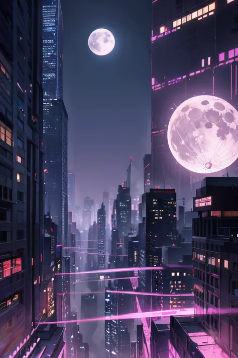 Sai Fai, post-apocalyptic, city, skyscrapers, night full moon, divided into fragments of the moon, northern Xian pink-violet color.