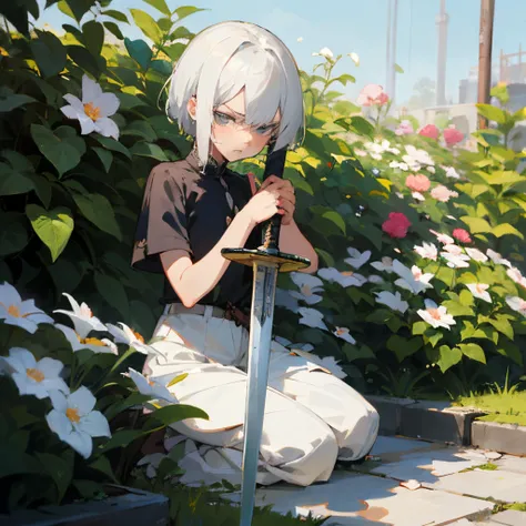 Teen, anime art, body details, sit in garden, short white hair, holding a big sword, grieved, blank stare