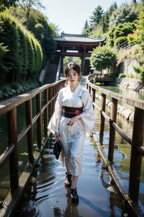 extremely detailed CG unity 8k wallpaper, realistic, hand by Guido Daniele, wearing kimono_clothes, wooden bridge, sakuramon, wreath,lace-trimmed kimono, stone brick road, wet road, clogs, two toe socks