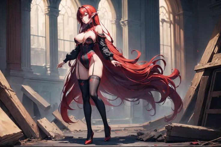 (masterpiece, best quality:1.4), solo focus, (full body:1.2), (large breasts:1.2), very long hair, (black thighhighs:1.3), (red hair:1.4), long dress, high heels, perfect anatomy, standing, nsfw, nipple, pee, pussy,