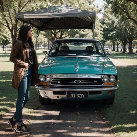 A woman is looking for her car in a park car and there is a man standing in the distance