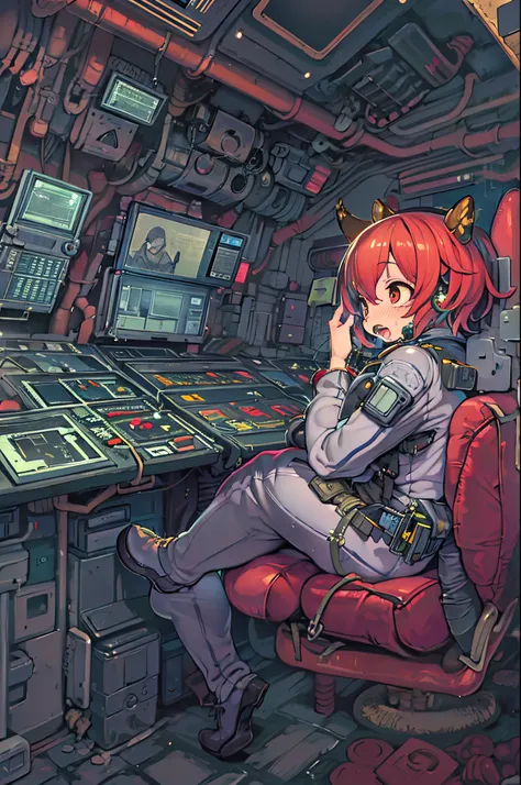 Absurd resolution, High resolution, (masutepiece: 1.4), Hyper-detailing, 1 young woman, Short red hair, pilotsuit, Rich Princess, Sitting in a very cramped closed mech control room, Facial expression scary cry open mouth call (1.3), In the sky