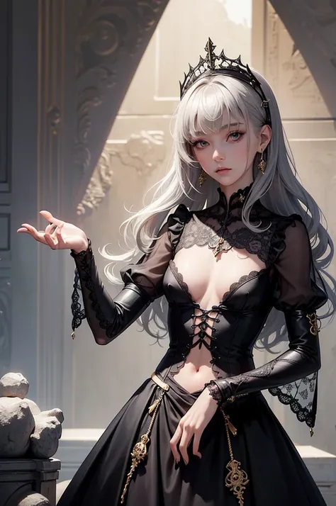 (masterpiece),ultra detaile,best quality,nsfw,nipple,(beautiful skinny well-groomed face-13years old-girl),fantasy,delicate black gothic-lace dress&eyes&gold ornaments&head-wear,long silver wavy hair,shining cold eyes&skin,small bresats,navel,bangs down,