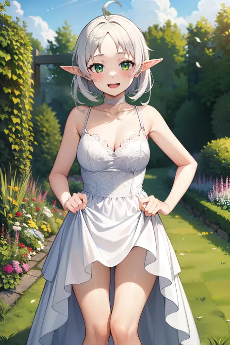 Erotic, 18+, nsfw, masterpiece, best quality, highres, aarurutie,1girl, wedding dress, white dress, standing, garden, smile, open mouth, short white hair, ahoge, elf ears, green eyes