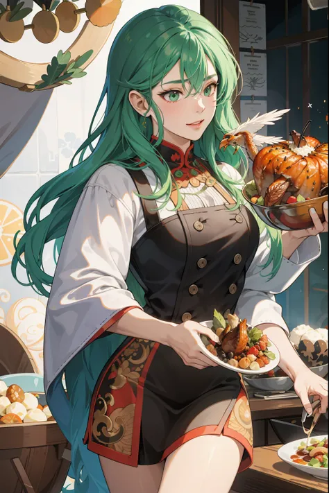 （hoang lap，a high resolution，ultra - detailed），（1girll，green hair，holding a turkey ready to eat，roasted turkey，cowboy lens），brea...