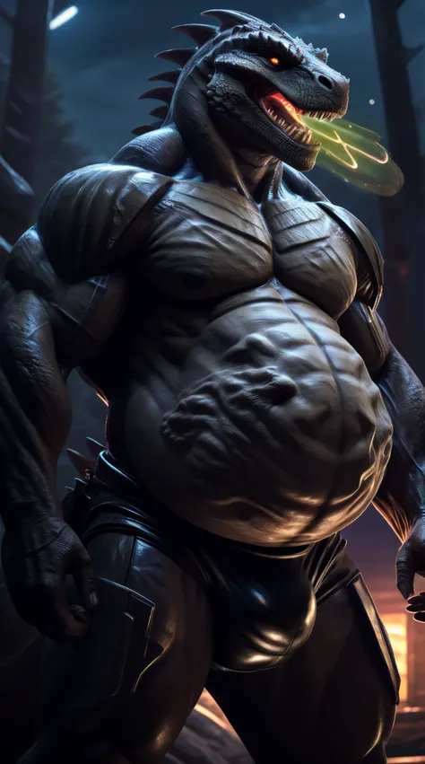 A lizard man with a full belly, muscular, vore, imprint on belly, bulge, illustration, (best quality, 4k, highres, masterpiece:1.2), ultra-detailed, realistic, horror, sharp focus, vivid colors, nighttime lighting, burping up an object, motion lines, light...