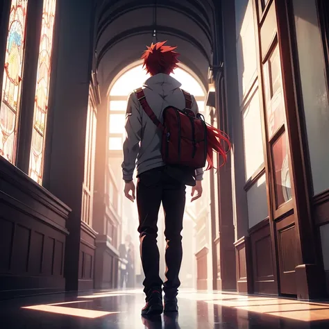 anime man with red hair standing. take photo full body from behind with seeing to side pose