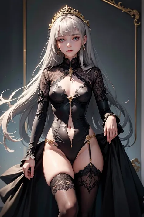 (masterpiece),ultra detaile,best quality,nsfw,nipple,(beautiful skinny well-groomed face-13years old-girl),fantasy,delicate black gothic-lace dress&eyes&gold ornaments&head-wear,long silver wavy hair,shining cold eyes&skin,small bresats,navel,bangs down,