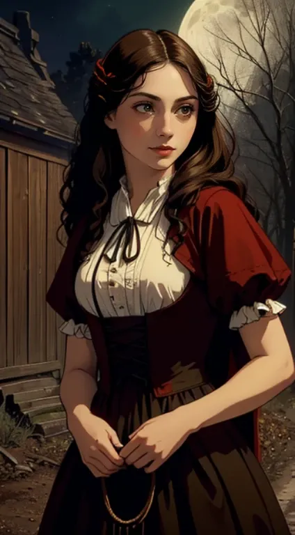 Cinematic Highly colored painting Realistic portrait (extreme close-up, from front) shot of  ((1woman, sensual)), (colonial puritan peasant), dress-up:1.3 in (red:1.5 puritan gowns from 1700s, red hood cape).((medium breasts, holding herself)), ((brunette:...