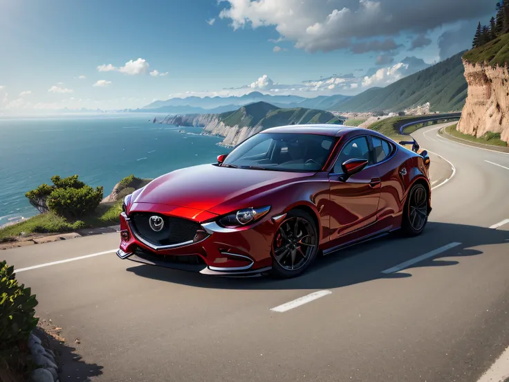 超A high resolution、An ultra-high picture quality、8K、Detailed details、marvelous expression、early summer coastline、Beautiful fresh greenery and lapping waves、A red car runs gracefully on the mountain pass road along the coast......、((Mazda Atenza Sports Coup...