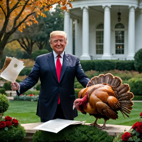 US President Trump posing with a live turkey in the Rose Garden of the White House,President holds up paper to formally pardon， (best quality,4k,8k,highres,masterpiece:1.2), ultra-detailed, realistic:1.37, HDR, UHD, studio lighting, extreme detail descript...